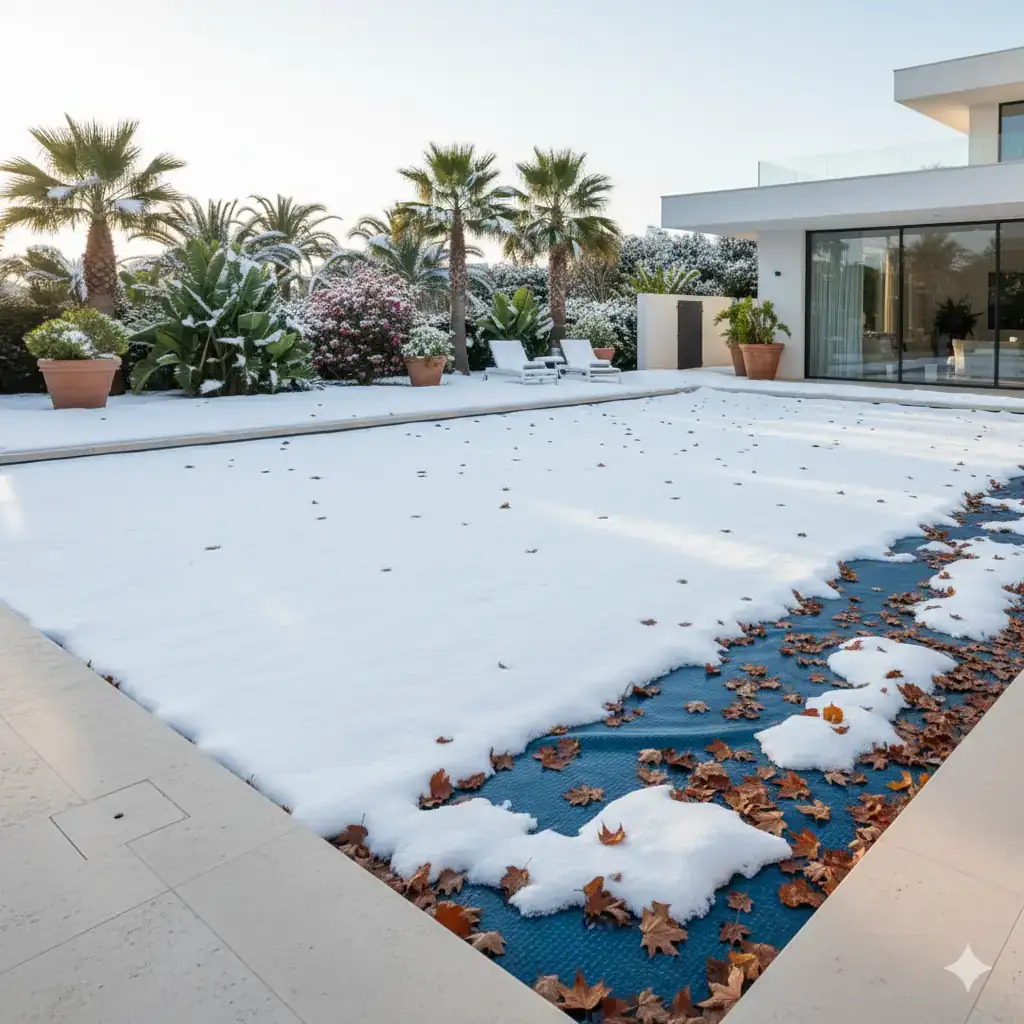 Photographie d'une piscine moderne avec une couverture bleue, partiellement recouverte d'une épaisse couche de neige et de feuilles mortes d'automne. Le jardin est bordé de palmiers enneigés devant une villa contemporaine à larges baies vitrées. L'ensemble illustre l'hivernage d'une piscine sous la neige.